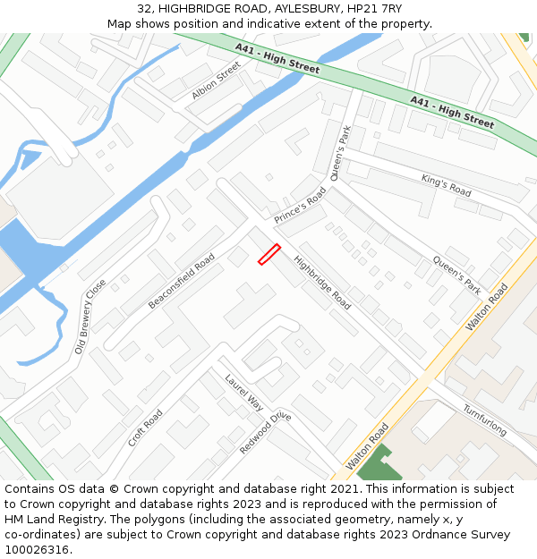 32, HIGHBRIDGE ROAD, AYLESBURY, HP21 7RY: Location map and indicative extent of plot