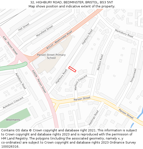 32, HIGHBURY ROAD, BEDMINSTER, BRISTOL, BS3 5NT: Location map and indicative extent of plot