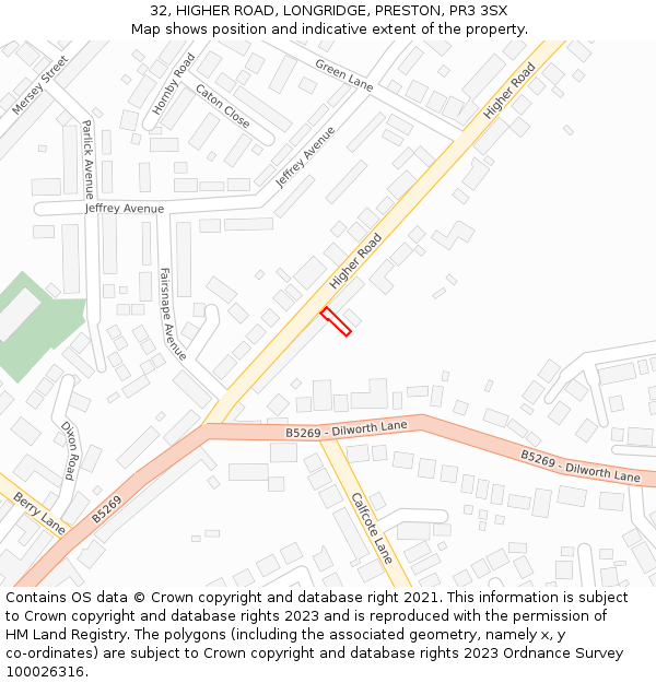 32, HIGHER ROAD, LONGRIDGE, PRESTON, PR3 3SX: Location map and indicative extent of plot