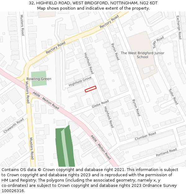 32, HIGHFIELD ROAD, WEST BRIDGFORD, NOTTINGHAM, NG2 6DT: Location map and indicative extent of plot