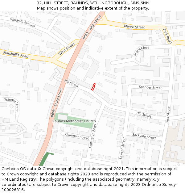 32, HILL STREET, RAUNDS, WELLINGBOROUGH, NN9 6NN: Location map and indicative extent of plot