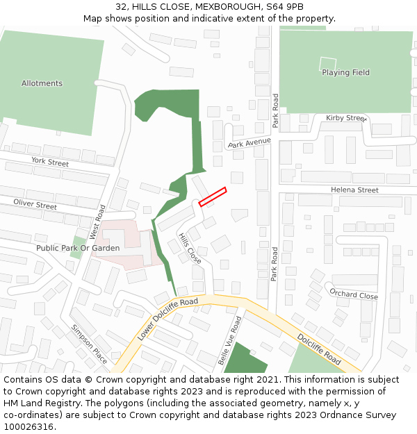 32, HILLS CLOSE, MEXBOROUGH, S64 9PB: Location map and indicative extent of plot