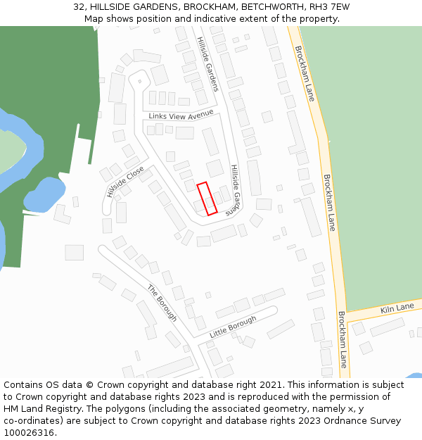 32, HILLSIDE GARDENS, BROCKHAM, BETCHWORTH, RH3 7EW: Location map and indicative extent of plot