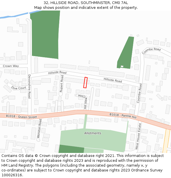 32, HILLSIDE ROAD, SOUTHMINSTER, CM0 7AL: Location map and indicative extent of plot