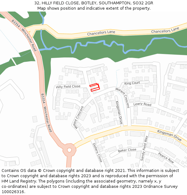 32, HILLY FIELD CLOSE, BOTLEY, SOUTHAMPTON, SO32 2GR: Location map and indicative extent of plot