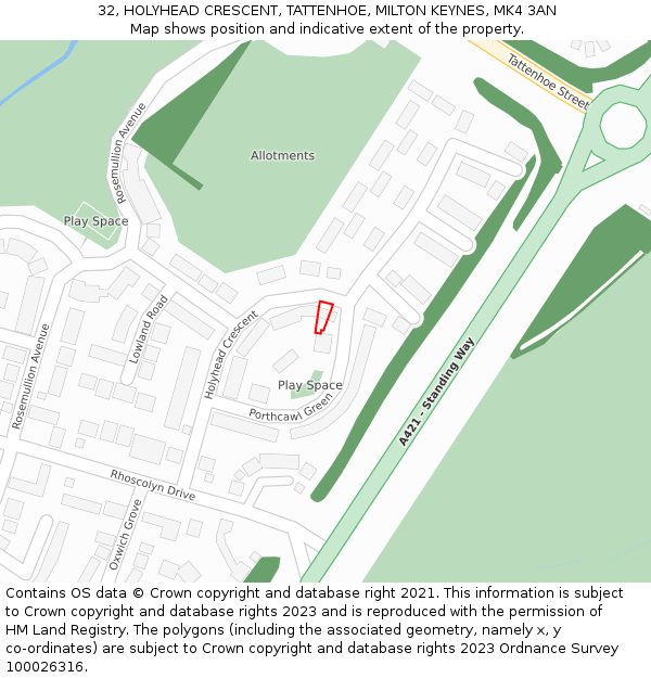 32, HOLYHEAD CRESCENT, TATTENHOE, MILTON KEYNES, MK4 3AN: Location map and indicative extent of plot