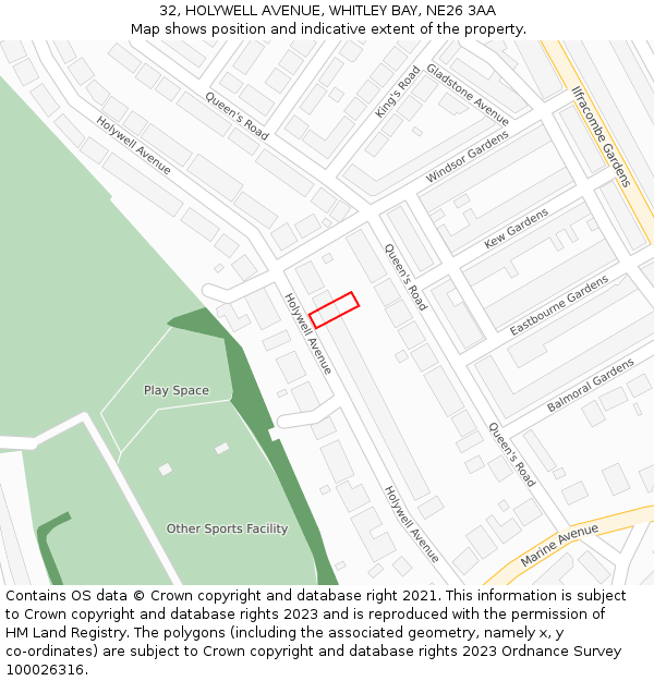 32, HOLYWELL AVENUE, WHITLEY BAY, NE26 3AA: Location map and indicative extent of plot
