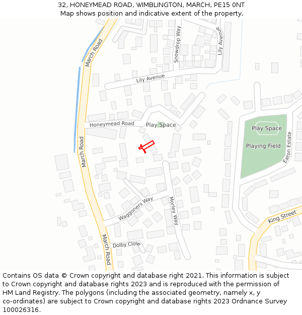 32, HONEYMEAD ROAD, WIMBLINGTON, MARCH, PE15 0NT: Location map and indicative extent of plot