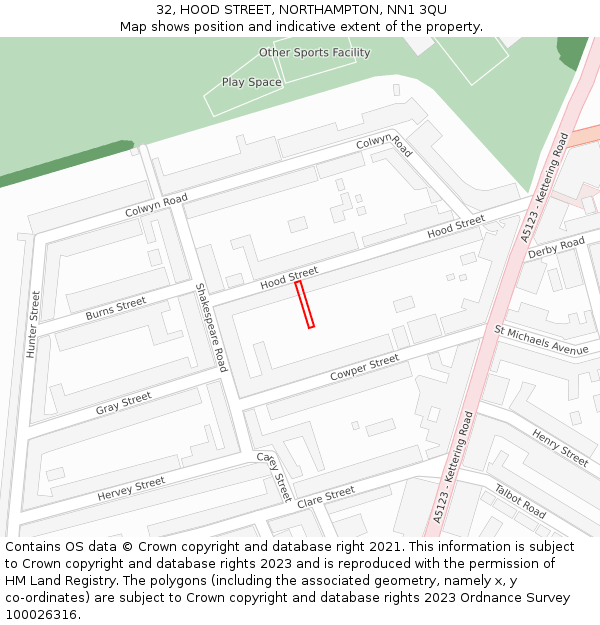 32, HOOD STREET, NORTHAMPTON, NN1 3QU: Location map and indicative extent of plot