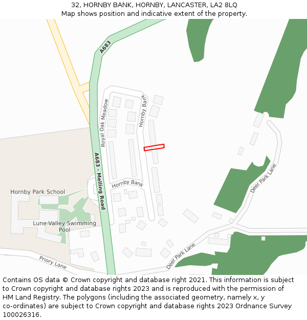 32, HORNBY BANK, HORNBY, LANCASTER, LA2 8LQ: Location map and indicative extent of plot