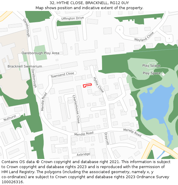 32, HYTHE CLOSE, BRACKNELL, RG12 0UY: Location map and indicative extent of plot
