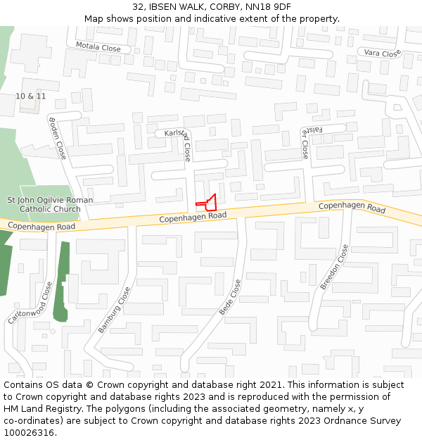 32, IBSEN WALK, CORBY, NN18 9DF: Location map and indicative extent of plot