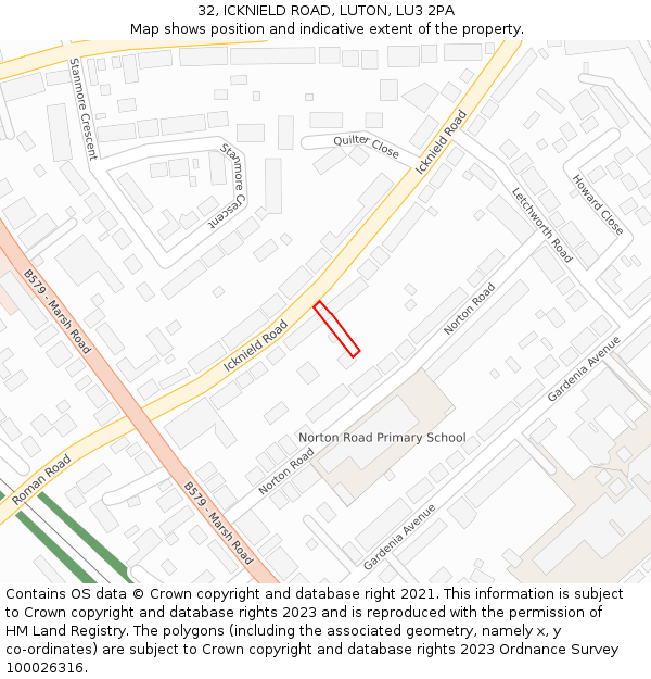 32, ICKNIELD ROAD, LUTON, LU3 2PA: Location map and indicative extent of plot