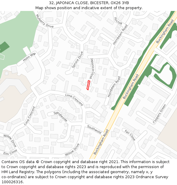 32, JAPONICA CLOSE, BICESTER, OX26 3YB: Location map and indicative extent of plot