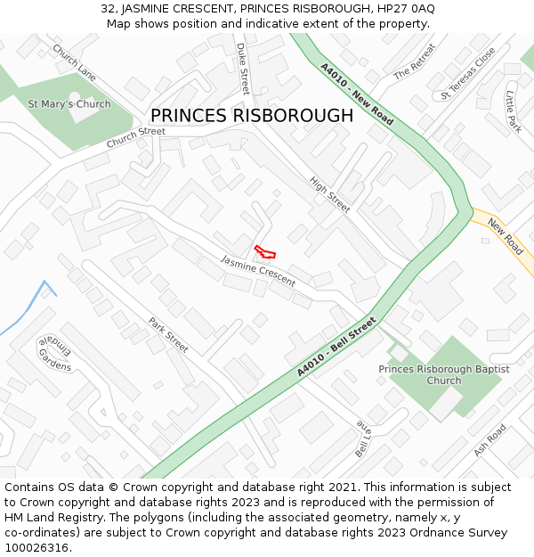 32, JASMINE CRESCENT, PRINCES RISBOROUGH, HP27 0AQ: Location map and indicative extent of plot