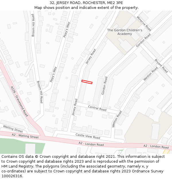 32, JERSEY ROAD, ROCHESTER, ME2 3PE: Location map and indicative extent of plot