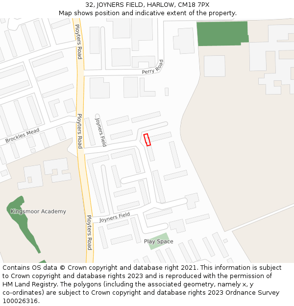 32, JOYNERS FIELD, HARLOW, CM18 7PX: Location map and indicative extent of plot