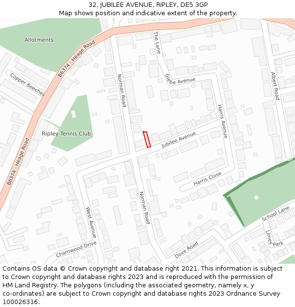 32, JUBILEE AVENUE, RIPLEY, DE5 3GP: Location map and indicative extent of plot