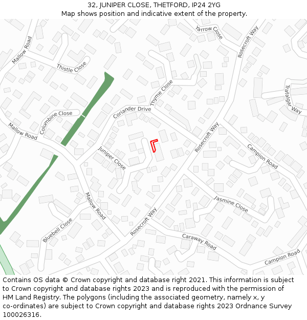 32, JUNIPER CLOSE, THETFORD, IP24 2YG: Location map and indicative extent of plot
