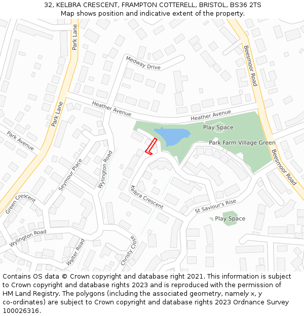 32, KELBRA CRESCENT, FRAMPTON COTTERELL, BRISTOL, BS36 2TS: Location map and indicative extent of plot
