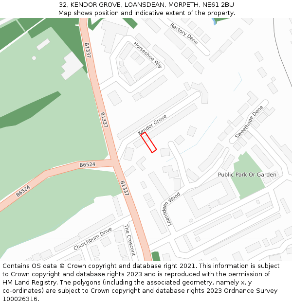 32, KENDOR GROVE, LOANSDEAN, MORPETH, NE61 2BU: Location map and indicative extent of plot