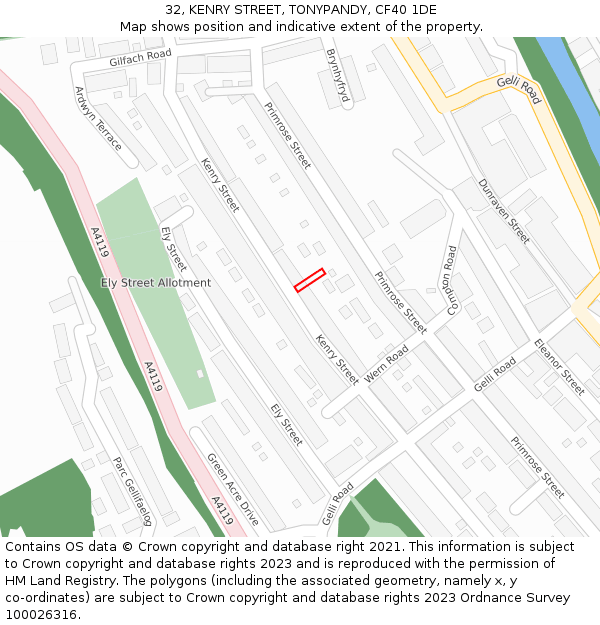 32, KENRY STREET, TONYPANDY, CF40 1DE: Location map and indicative extent of plot