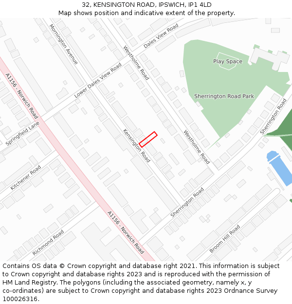 32, KENSINGTON ROAD, IPSWICH, IP1 4LD: Location map and indicative extent of plot