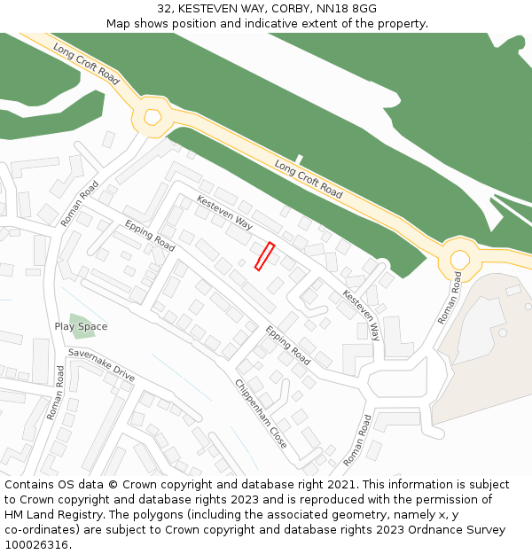 32, KESTEVEN WAY, CORBY, NN18 8GG: Location map and indicative extent of plot