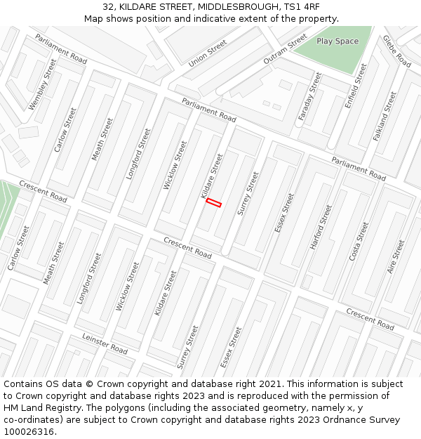 32, KILDARE STREET, MIDDLESBROUGH, TS1 4RF: Location map and indicative extent of plot
