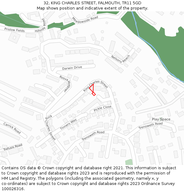 32, KING CHARLES STREET, FALMOUTH, TR11 5GD: Location map and indicative extent of plot