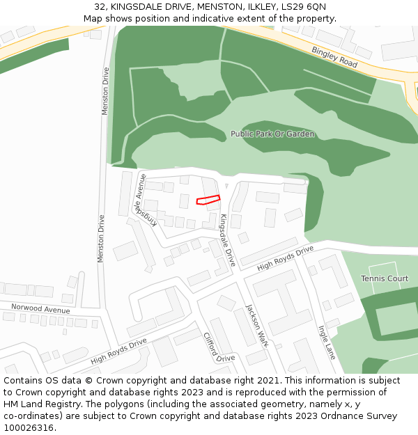 32, KINGSDALE DRIVE, MENSTON, ILKLEY, LS29 6QN: Location map and indicative extent of plot