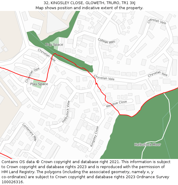 32, KINGSLEY CLOSE, GLOWETH, TRURO, TR1 3XJ: Location map and indicative extent of plot