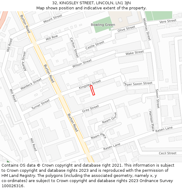 32, KINGSLEY STREET, LINCOLN, LN1 3JN: Location map and indicative extent of plot