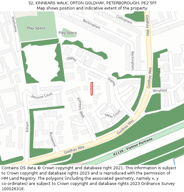 32, KINNEARS WALK, ORTON GOLDHAY, PETERBOROUGH, PE2 5FF: Location map and indicative extent of plot