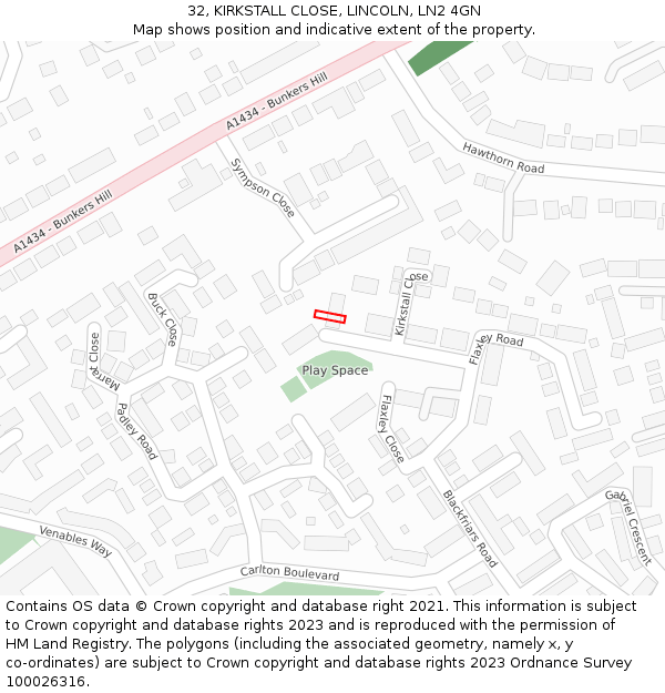 32, KIRKSTALL CLOSE, LINCOLN, LN2 4GN: Location map and indicative extent of plot