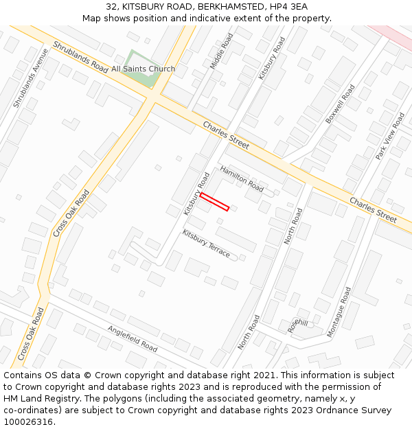 32, KITSBURY ROAD, BERKHAMSTED, HP4 3EA: Location map and indicative extent of plot