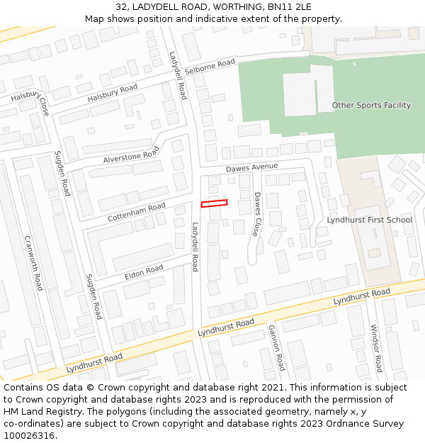 32, LADYDELL ROAD, WORTHING, BN11 2LE: Location map and indicative extent of plot