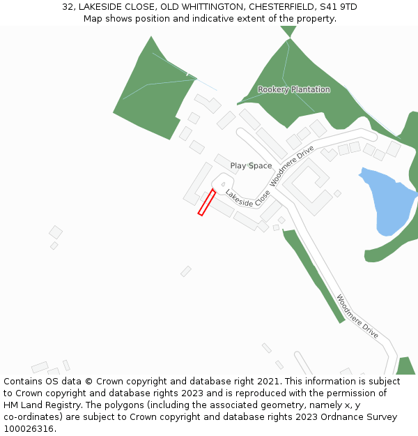 32, LAKESIDE CLOSE, OLD WHITTINGTON, CHESTERFIELD, S41 9TD: Location map and indicative extent of plot