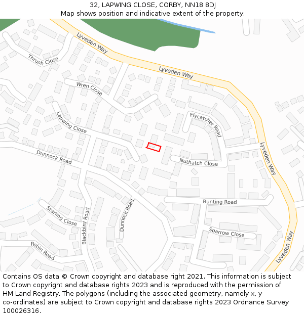 32, LAPWING CLOSE, CORBY, NN18 8DJ: Location map and indicative extent of plot