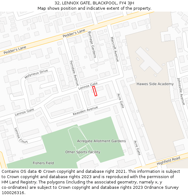 32, LENNOX GATE, BLACKPOOL, FY4 3JH: Location map and indicative extent of plot