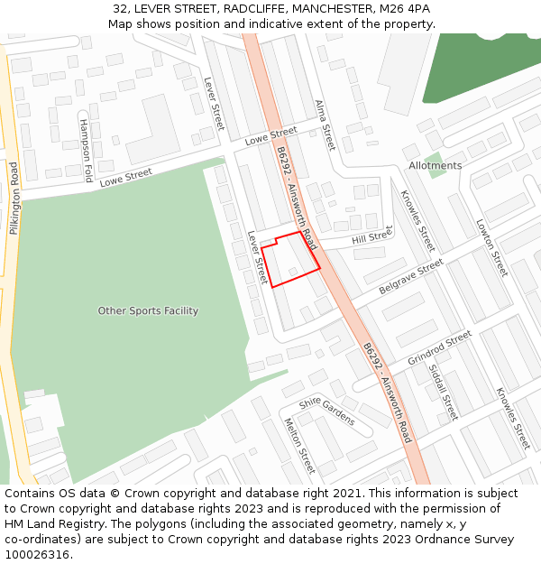 32, LEVER STREET, RADCLIFFE, MANCHESTER, M26 4PA: Location map and indicative extent of plot