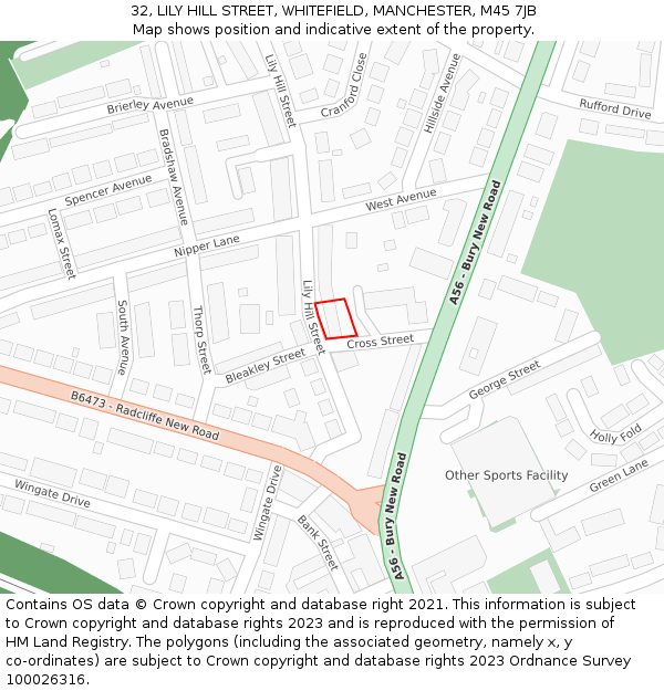 32, LILY HILL STREET, WHITEFIELD, MANCHESTER, M45 7JB: Location map and indicative extent of plot