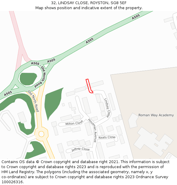 32, LINDSAY CLOSE, ROYSTON, SG8 5EF: Location map and indicative extent of plot