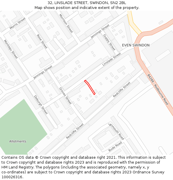32, LINSLADE STREET, SWINDON, SN2 2BL: Location map and indicative extent of plot