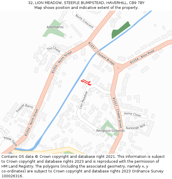 32, LION MEADOW, STEEPLE BUMPSTEAD, HAVERHILL, CB9 7BY: Location map and indicative extent of plot