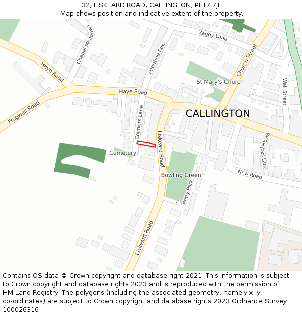 32, LISKEARD ROAD, CALLINGTON, PL17 7JE: Location map and indicative extent of plot
