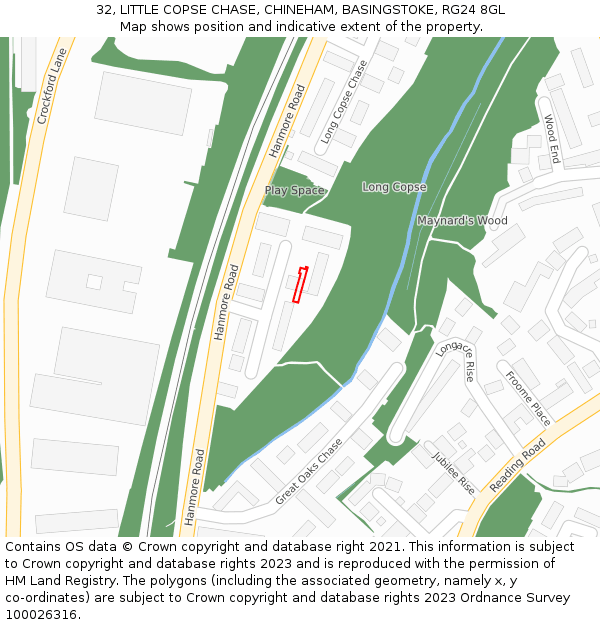 32, LITTLE COPSE CHASE, CHINEHAM, BASINGSTOKE, RG24 8GL: Location map and indicative extent of plot