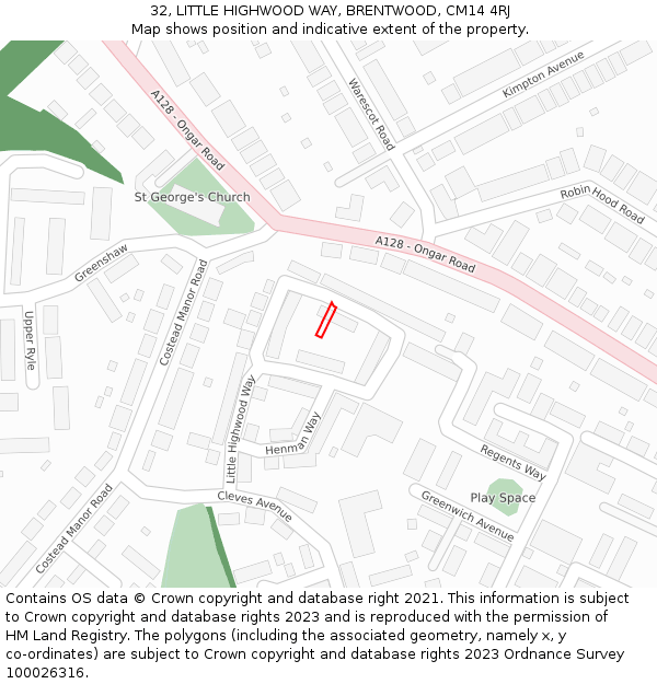 32, LITTLE HIGHWOOD WAY, BRENTWOOD, CM14 4RJ: Location map and indicative extent of plot