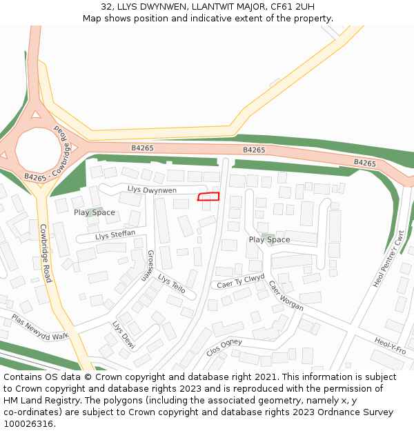 32, LLYS DWYNWEN, LLANTWIT MAJOR, CF61 2UH: Location map and indicative extent of plot