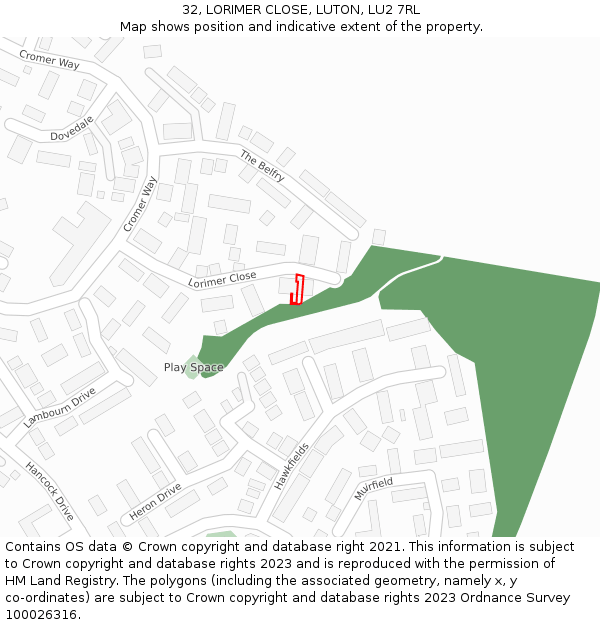 32, LORIMER CLOSE, LUTON, LU2 7RL: Location map and indicative extent of plot